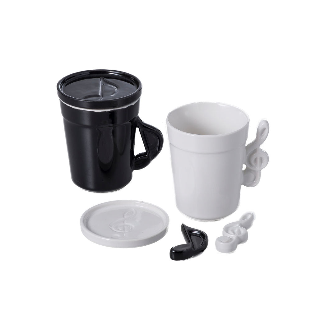 Black and White Musical Note Mug with Lid and Chopstick Rest Set