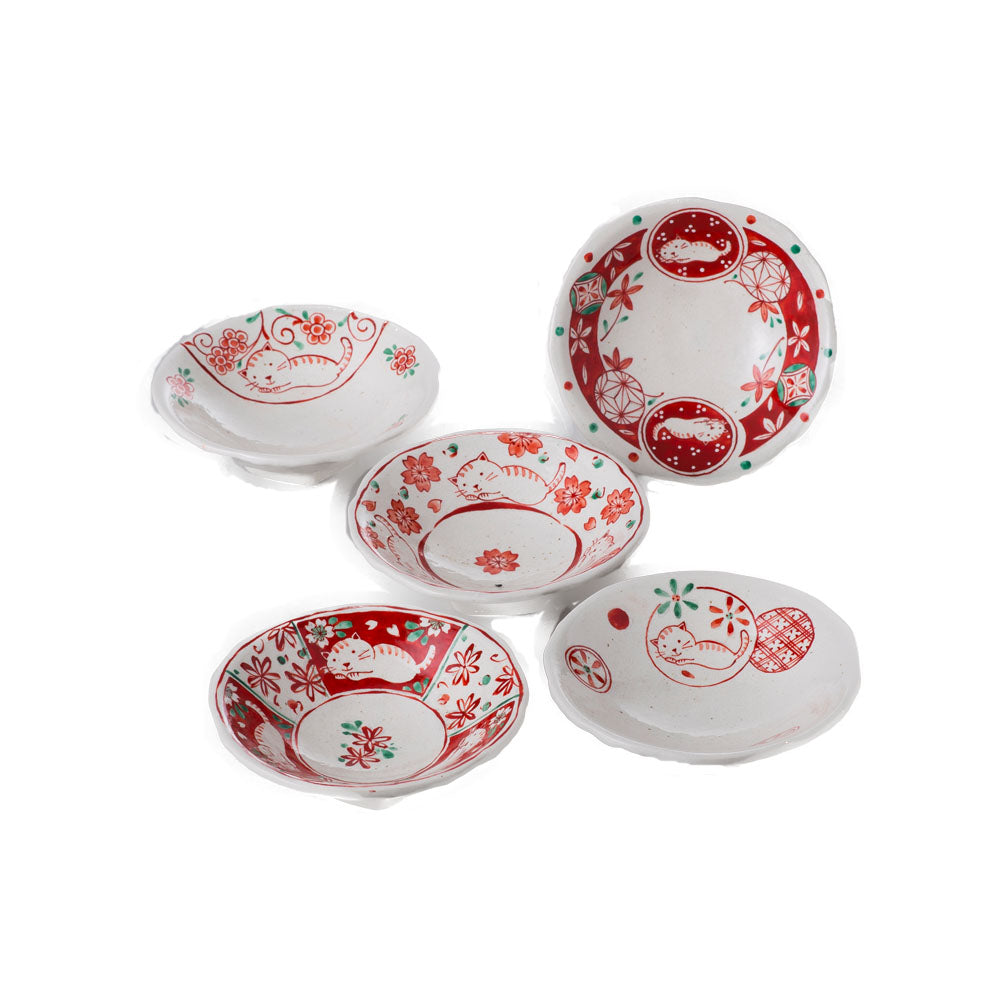 Akae-Neko Red and White Appetizer Bowls Set of 5 - Cats and Flowers