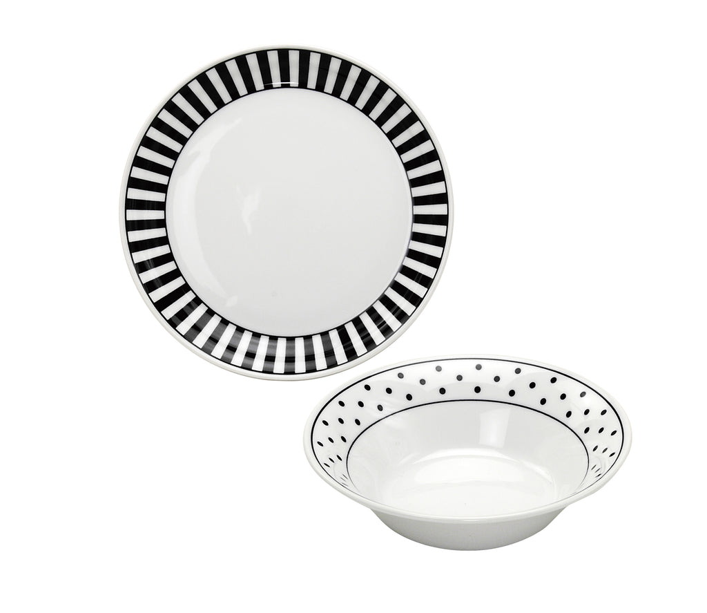 NOVA Black and White Stripe Dinner Plate and Polka Dot Appetizer Bowl Set
