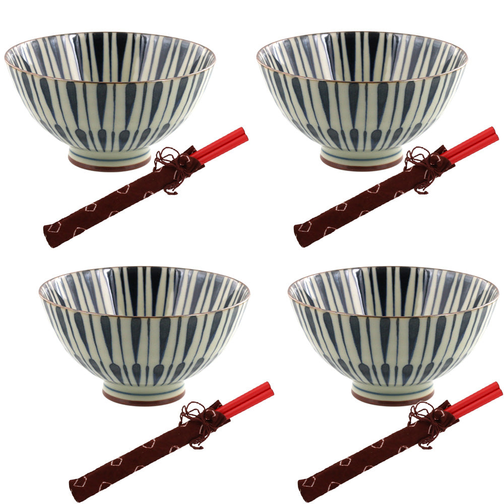 Aikosome 4.6" Traditional Porcelain Rice Bowls with Chopsticks Set of 4 - Tokusa