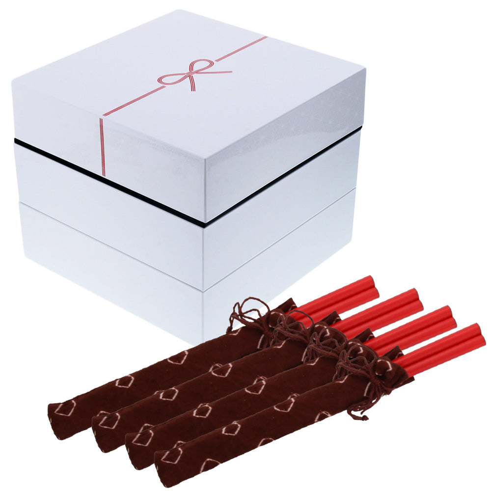 Kuruhimo 3-Tiered Mizuhiki Butterfly Knot White Square Jubako Box with 4 Sets of Chopsticks - Hemp Leaf Pattern