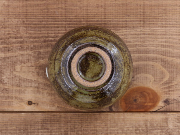 Ceramic Mortar & Pestle Set (Suribachi & Surikogi) with Spout 4.7 inches Handmade Round-Shape Green-Brown (Oribe)