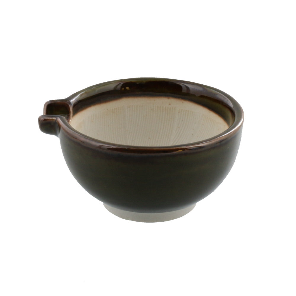 Ceramic Mortar (Suribachi) with Spout 4.7 inches Handmade Round-Shape Green-Brown (Oribe)