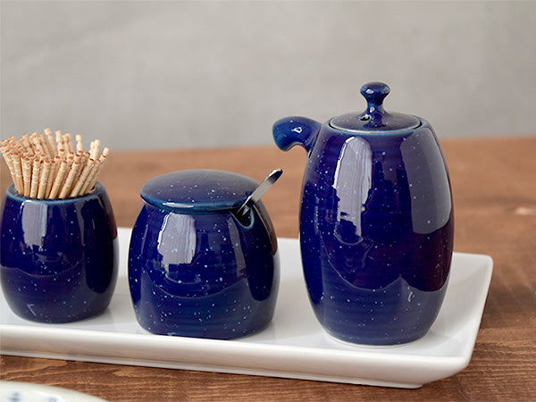 Blue Porcelain Sauce Dispenser Bottle, Condiment Pot and Toothpick Holder Set - Starry Sky