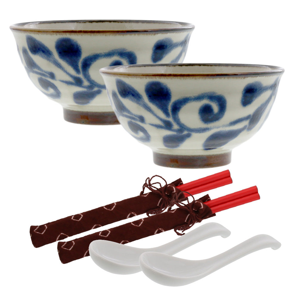 Ryukyukarakusa 6" Donburi Bowls with Chopsticks and Renge Soup Spoons Set of 2 - Blue