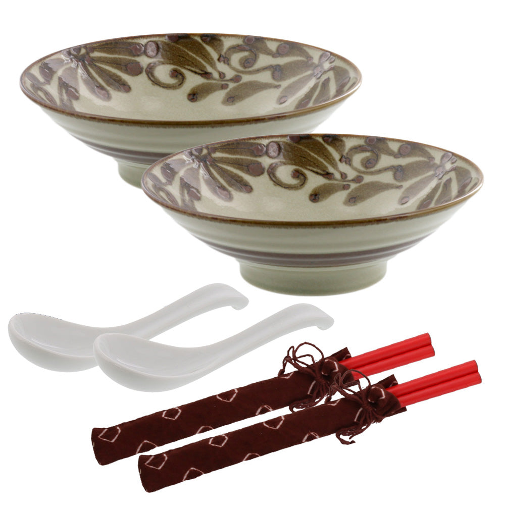 Ryukyukarakusa Wide and Shallow Noodle Bowls with Chopsticks and Soup Spoons Set of 2 - Mahogany