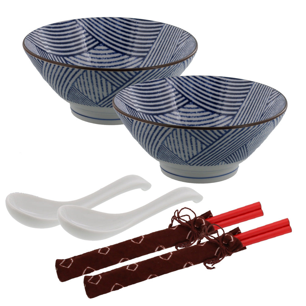 Nijimi Sometsuke Blue Trapezoidal Donburi Bowls with Chopsticks and Soup Spoons Set of 2 - Shimakoushi