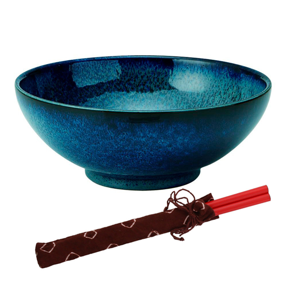 43.1 oz Wide Mouth Ramen, Donburi Bowl with Chopsticks - Sapphire Navy Blue (Youhen Kon)