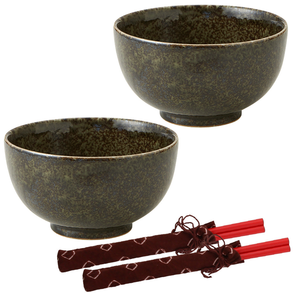 Dark Green Multi-Purpose Donburi Bowl with Chopsticks Set of 2
