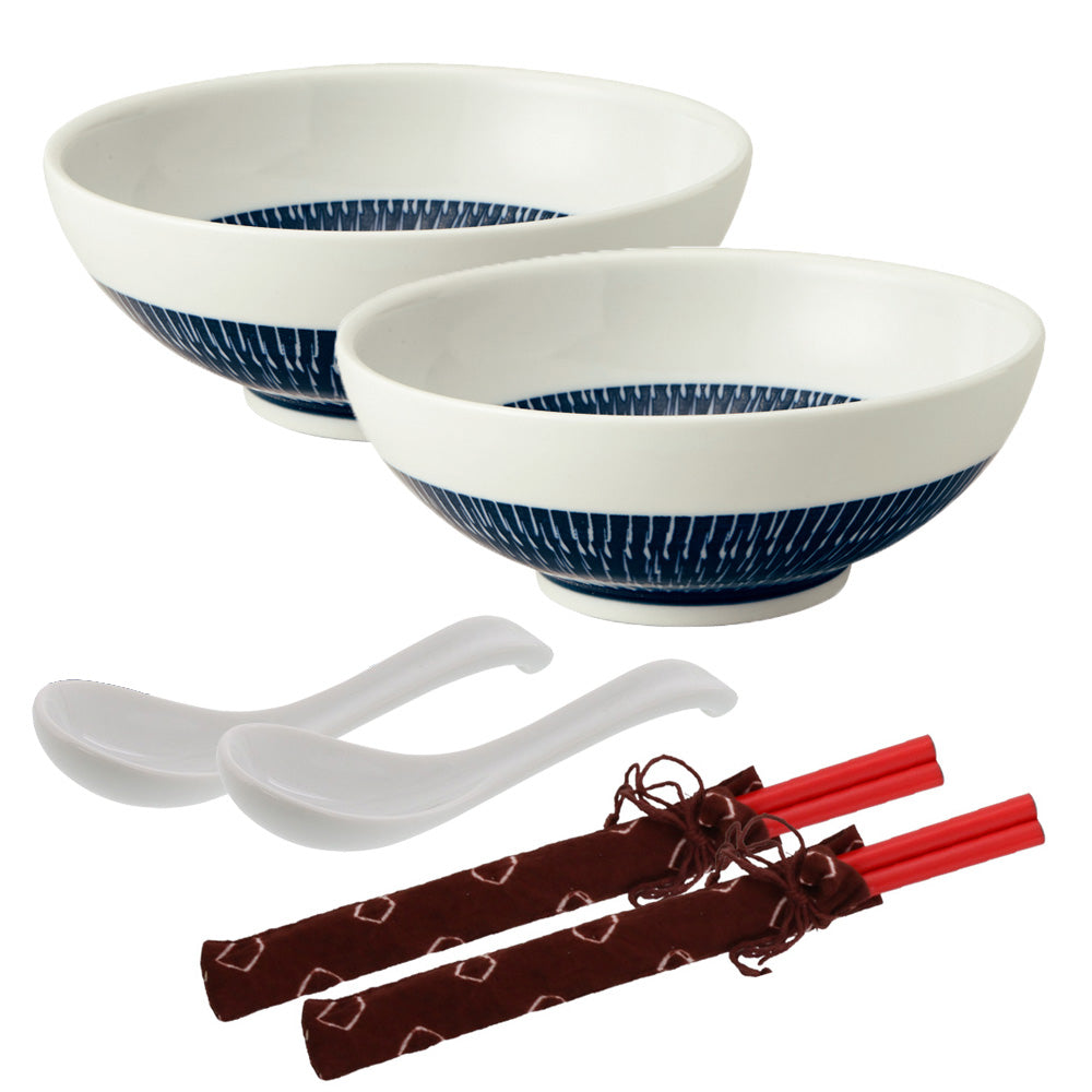 Tobikanna Wide and Shallow Noodle Bowls with Soup Spoon and Chopsticks Set of 2 - Navy Blue