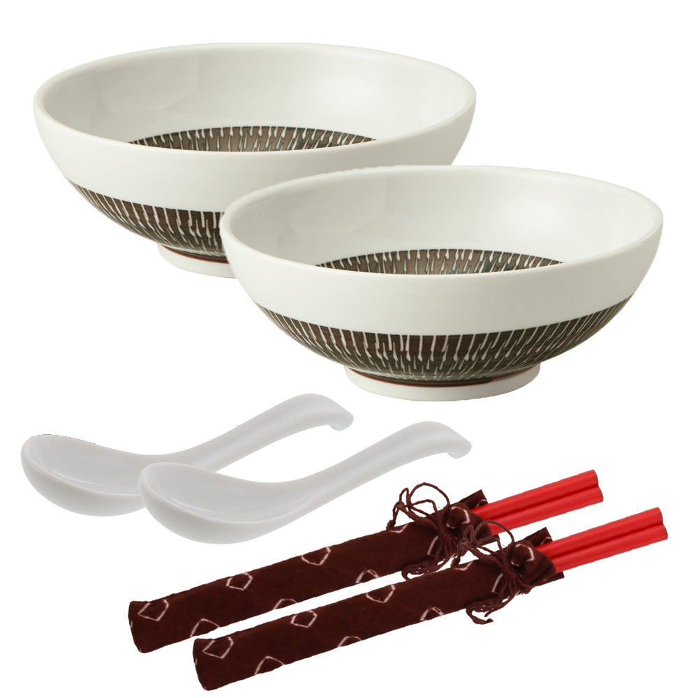 Tobikanna Wide and Shallow Noodle Bowls with Soup Spoon and Chopsticks Set of 2 - Brown