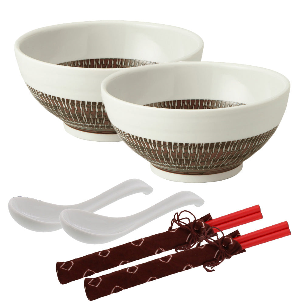 Tobikanna Sanuki Donburi Bowls with Chopsticks and Soup Spoons Set of 2 - Brown