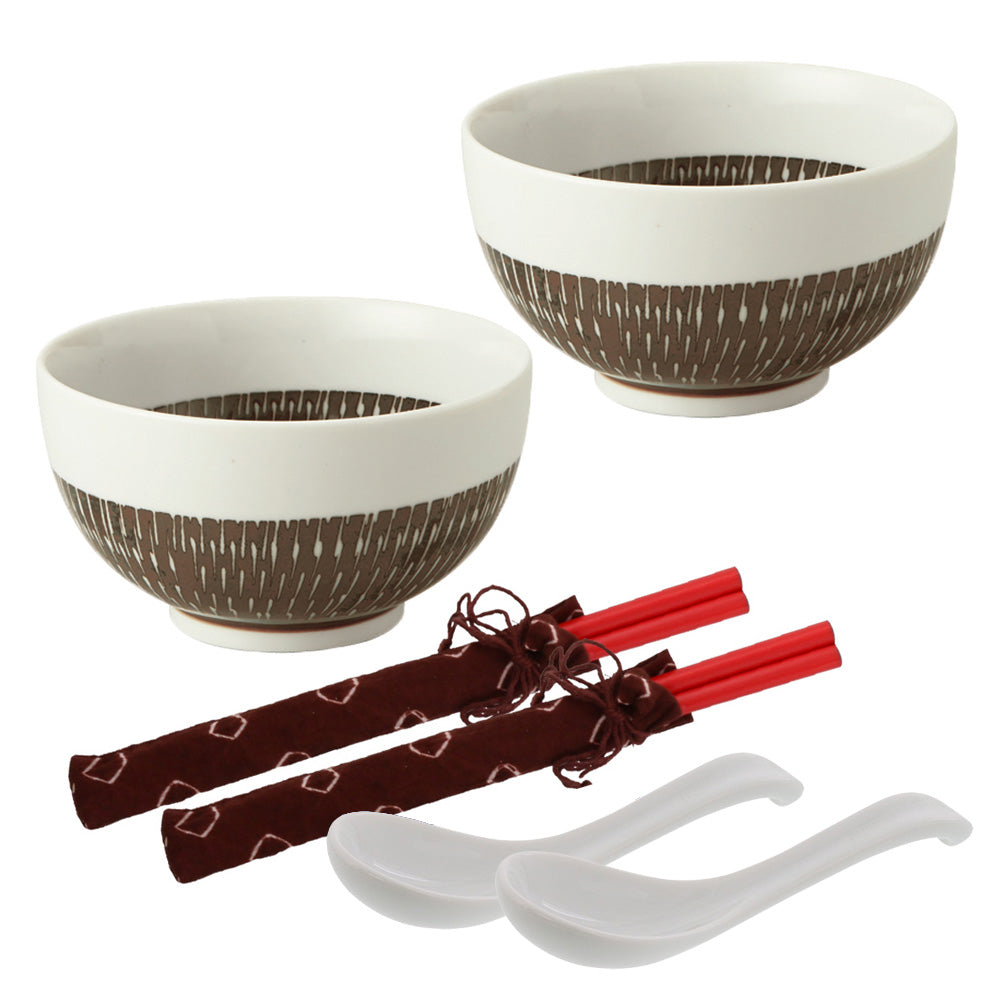 Tobikanna 5.2" Small Donburi Bowls with Chopsticks Set of 2 Made in Japan - Brown