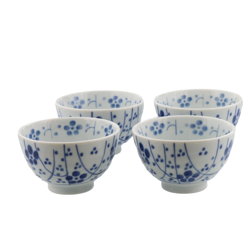 6.7 oz Retro Modern Japanese Tea Cup Set of 4 Japanese Plum (Kourinume) White x Blue