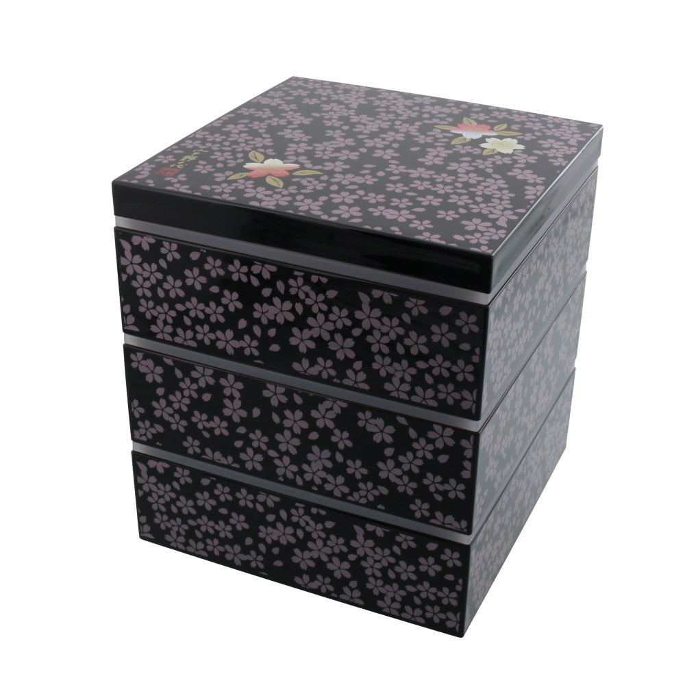 3-Tiered Black Square Jubako Box - Sakura