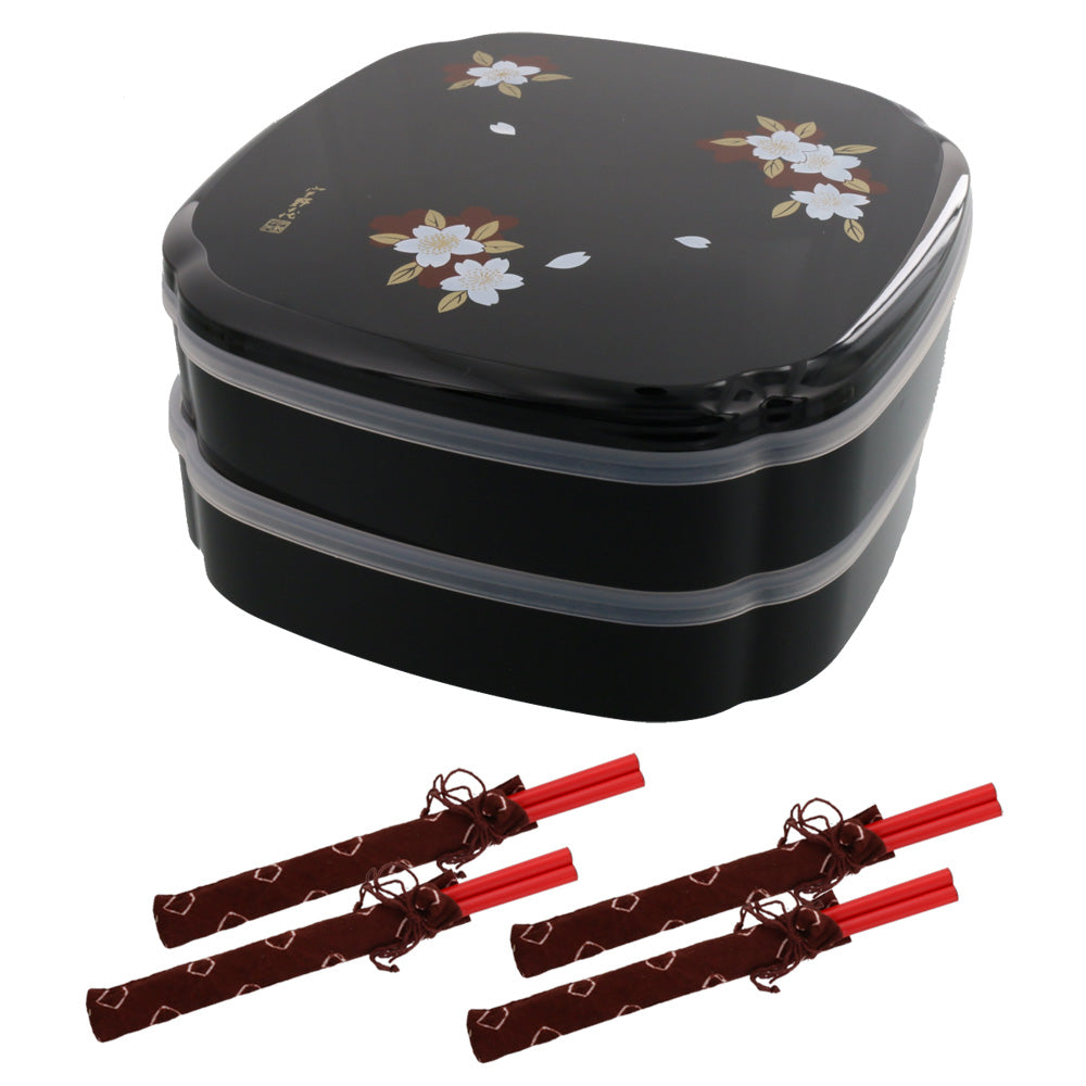 2-Tiered Black Mokko Shaped Jubako Box with 4 Sets of Red Chopsticks