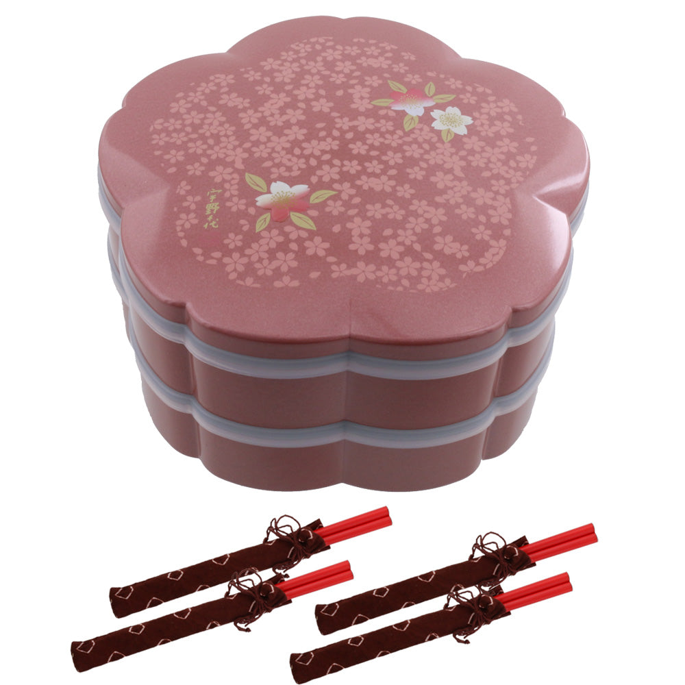 2-Tiered Pink Sakura Shaped Jubako Box with 4 Sets of Red Chopsticks