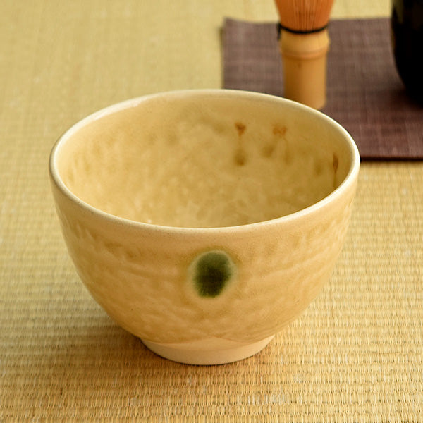 Authentic 19 oz Pottery Matcha Tea Cup Yellow (Kizeto) Dot Glaze Penetration (Cracking Like Crystals)  Handmade Comes in a Box
