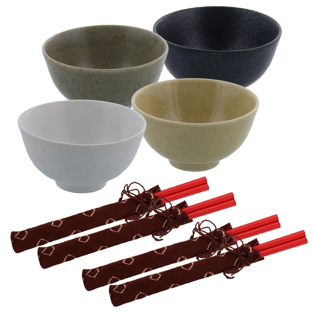 4.3" Assorted Rice Bowls with Chopsticks Set of 4