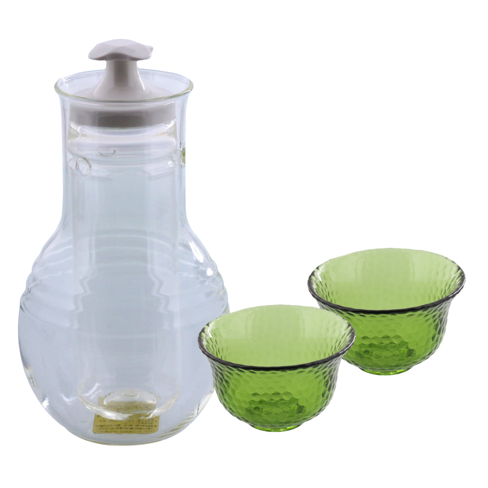 Glass Sake Bottle with Cooler and 2 Green Sake Cups