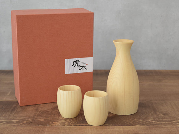 Wooden Cold Sake Bottle (Tokkuri) and 2-Piece Sake Cup (Guinomi