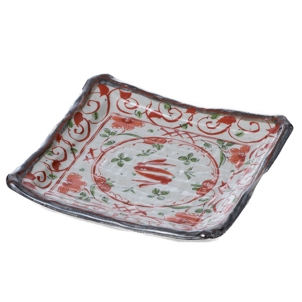 HANA-AKAE Red Square Plate - Flowers
