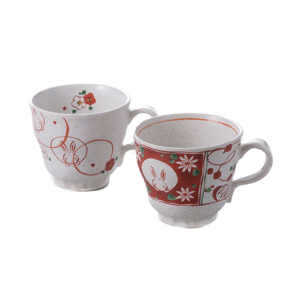 Akae-Hana-Usagi Red and White Mugs Set of 2 - Rabbit and Flowers