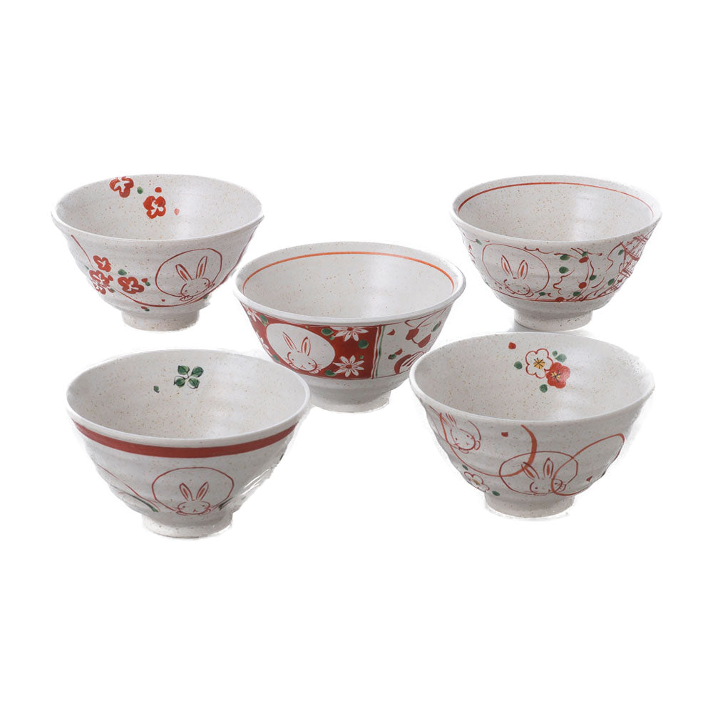 Akae-Hana-Usagi Red and White Rice Bowls Set of 5 - Rabbits and Flowers