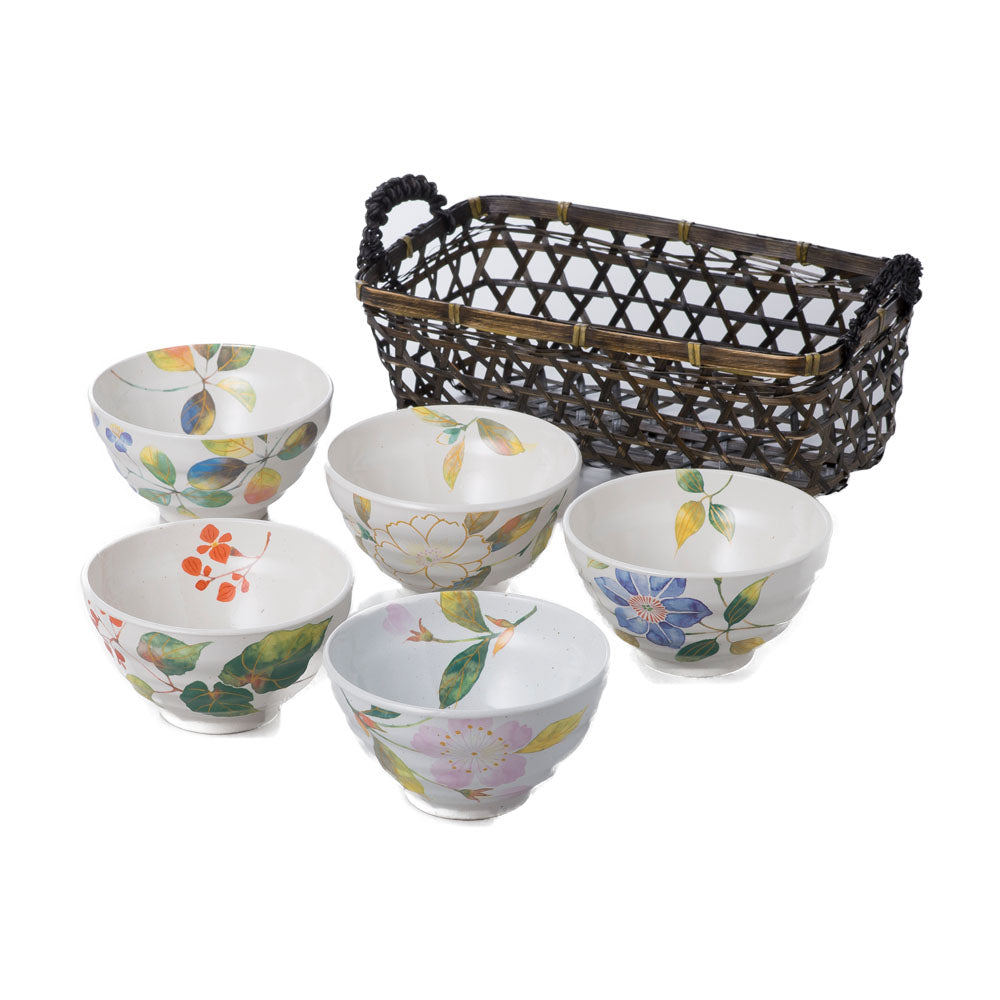 Hanadayori 5-Piece Flower Designed Rice Bowl Set With Bamboo Basket - White