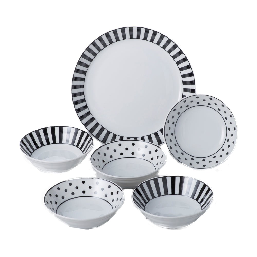 NOVA Black and White Dinnerware Set - Stripes and Polka Dots