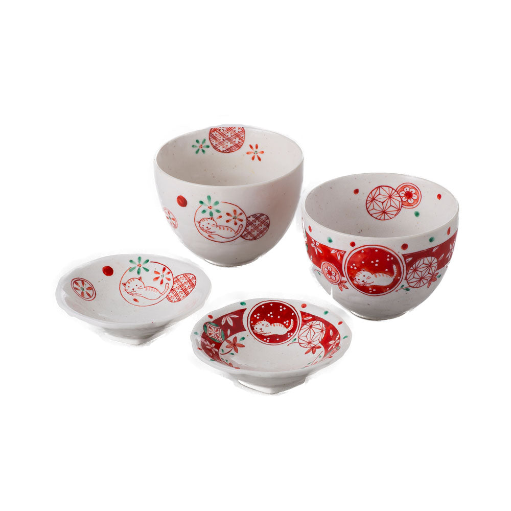 Akae-Neko Red and White Small Donburi Bowl and Appetizer Bowl Set - Cats and Flowers