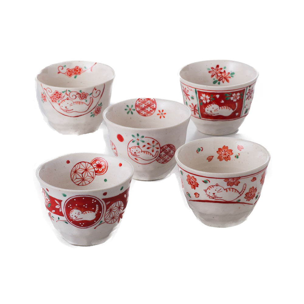 Akae-Neko Red and White Small Multi-Purpose Bowls Set of 5 - Cats and Flowers