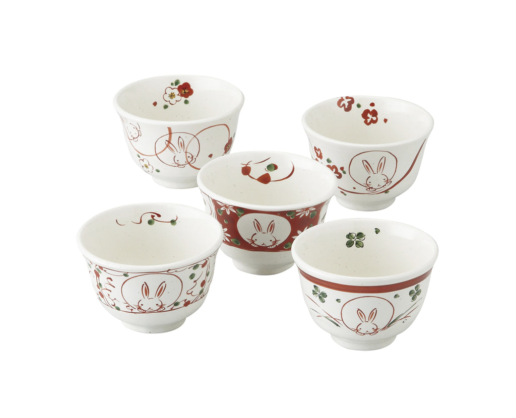 Akae-Hana-Usagi Red and White Japanese Teacups Senchawan Set of 5 - Rabbit and Flowers