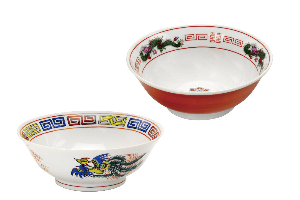 Traditional Red and White Ramen Bowl Set - Fenghuang and Dragon