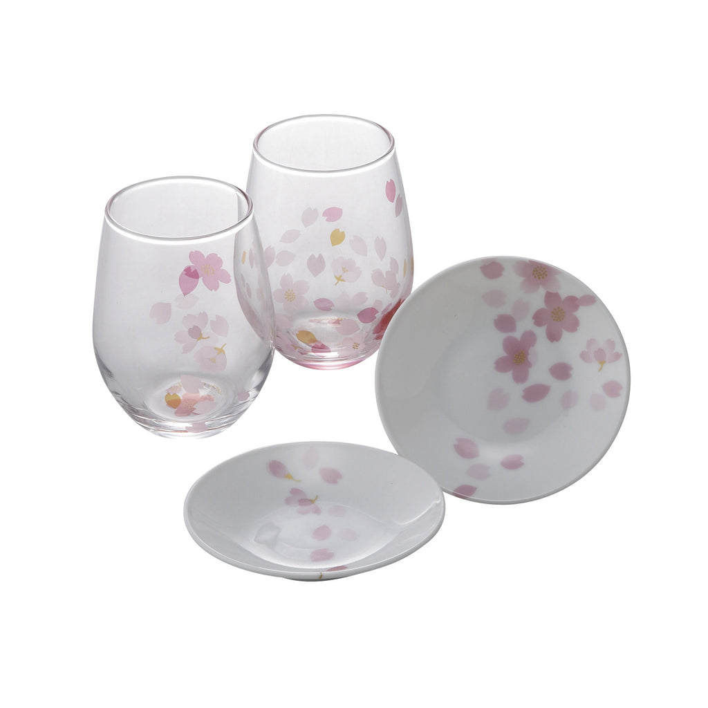 Sakura Stemless 4-Piece Wine Glass and Small Plate Set - Cherry Blossom