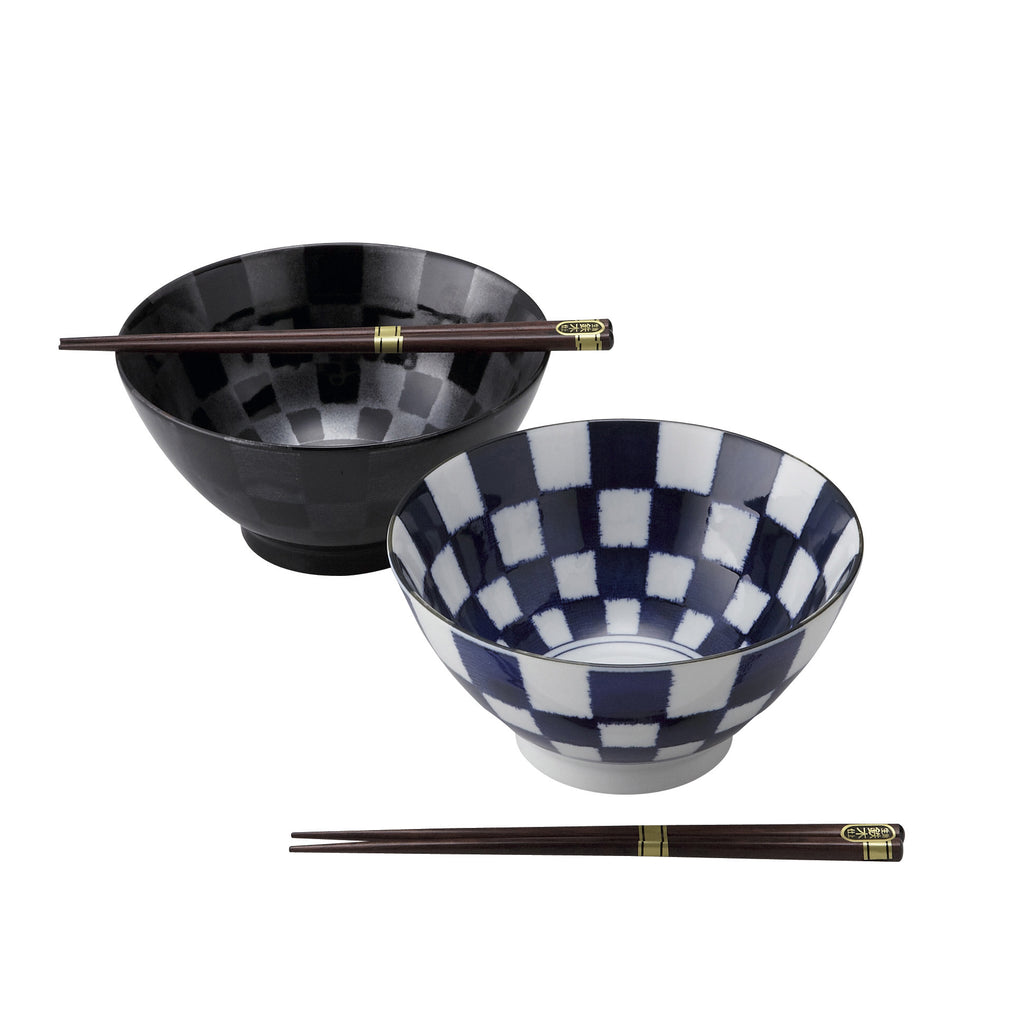 Kayame-Ichimatsu Checkered Donburi Bowls With Chopsticks Set of 2 - Black and White/Blue