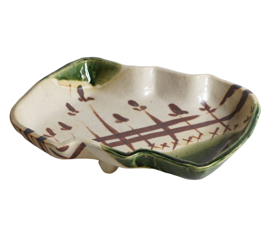 Ogawa Kiln Oribe Horsetail Design Appetizer Plate - Tsukushi