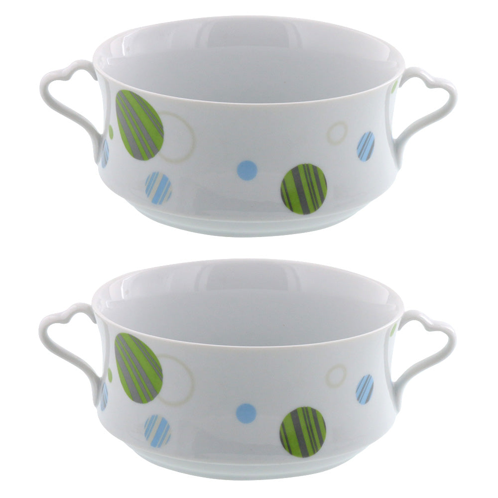 Double Handled Soup Bowls Set of 2 - White with Polka Dots