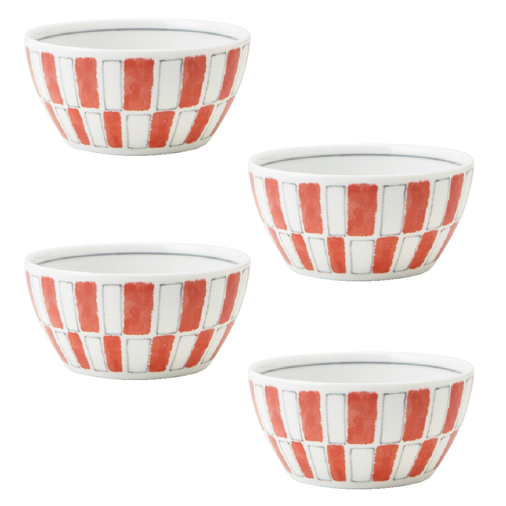 Red and White Thick Stripe Bowls Set of 4