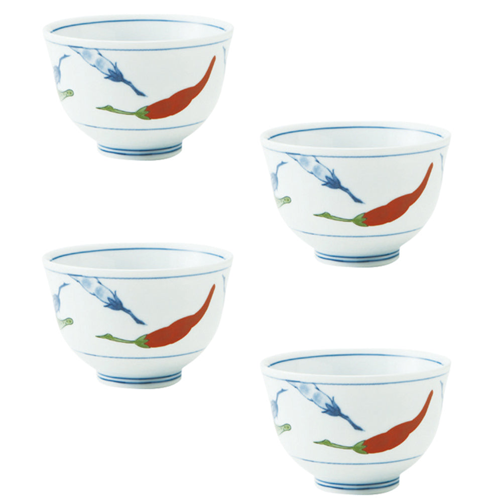 White Japanese Teacup Yunomi Set of 4 - Chili Pepper