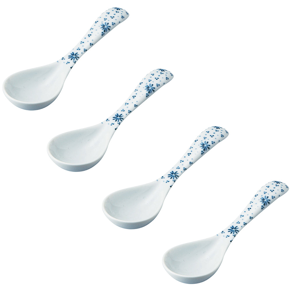 Hanachirashi Asian Soup Spoon Set of 4 - White with Flowers