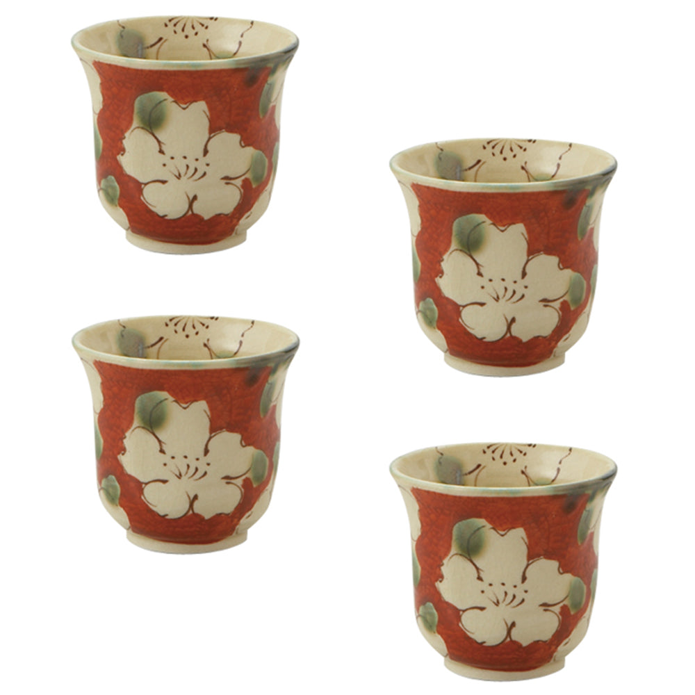 Red Yunomi Japanese Teacup Set of 4 - Flowers