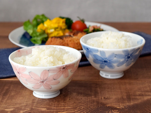 Hanashizuka Lightweight Porcelain Floral Rice Bowls with Chopsticks Set of 2 - Blue