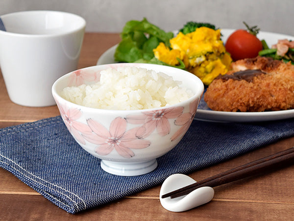 Hanashizuka Lightweight Porcelain Floral Rice Bowls with Chopsticks Set of 2 - Pink