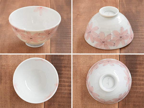 Hanashizuka Lightweight Porcelain Floral Rice Bowls with Chopsticks Set of 2 - Pink