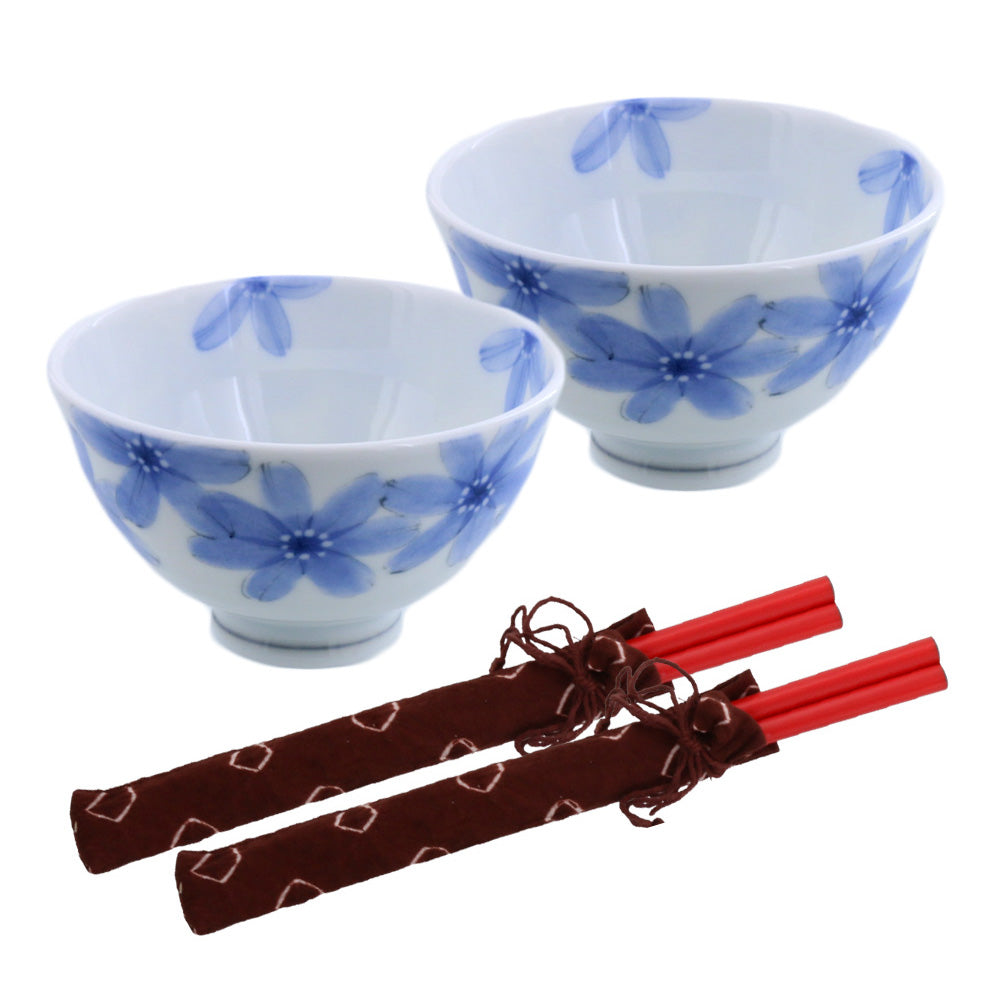 Hanashizuka Lightweight Porcelain Floral Rice Bowls with Chopsticks Set of 2 - Blue