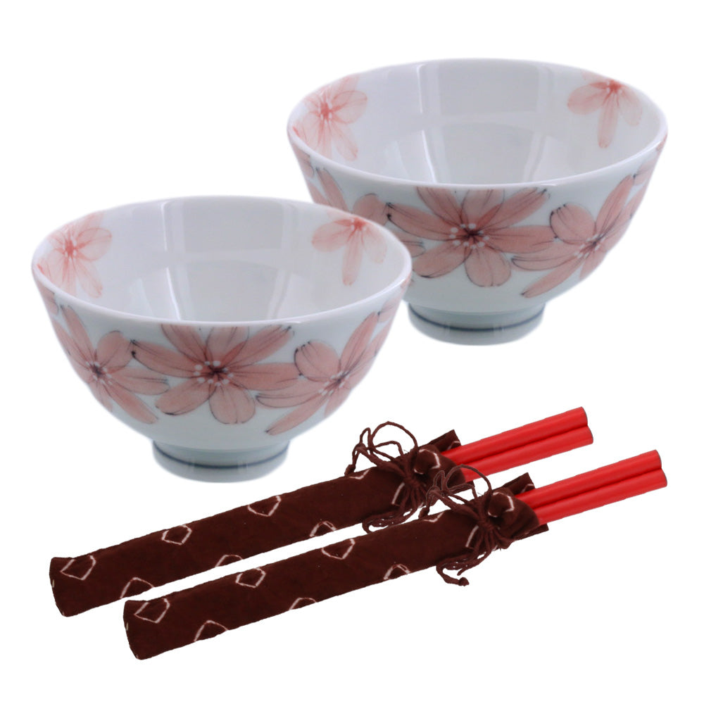 Hanashizuka Lightweight Porcelain Floral Rice Bowls with Chopsticks Set of 2 - Pink