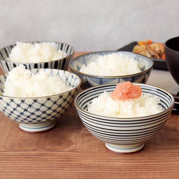 Aikosome 4.6" Traditional Porcelain Rice Bowls Set of 4 - Stripe