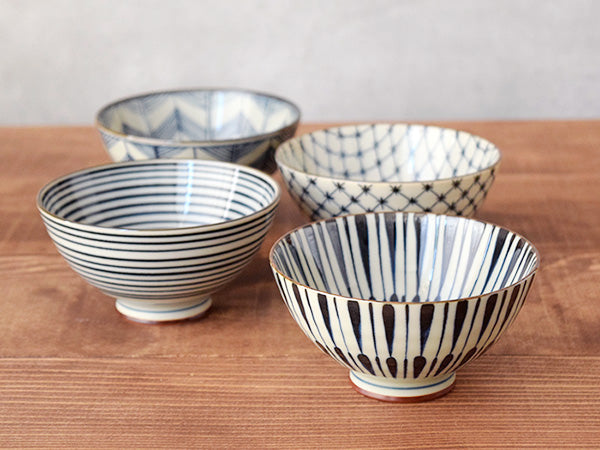 Aikosome 4.6" Traditional Porcelain Rice Bowls Set of 4 - Stripe