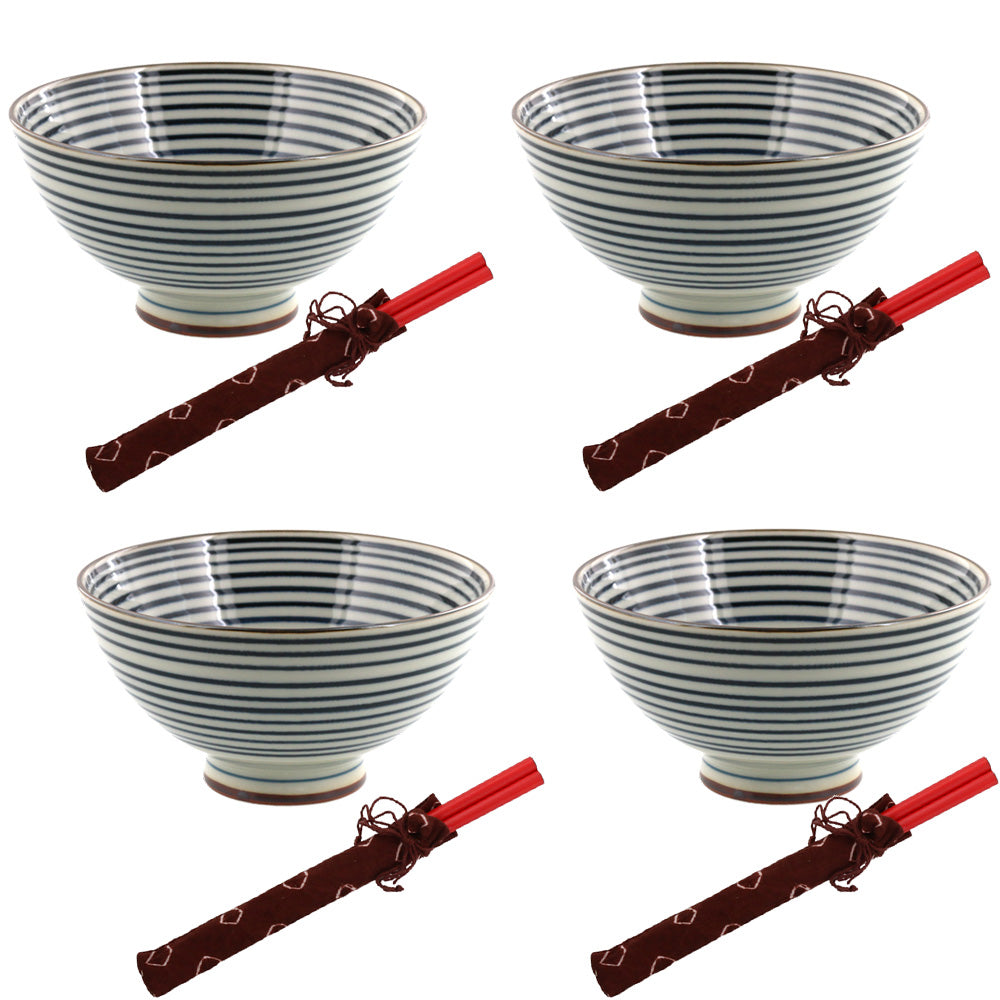 Aikosome 4.6" Traditional Porcelain Rice Bowls with Chopsticks Set of 4 - Stripe